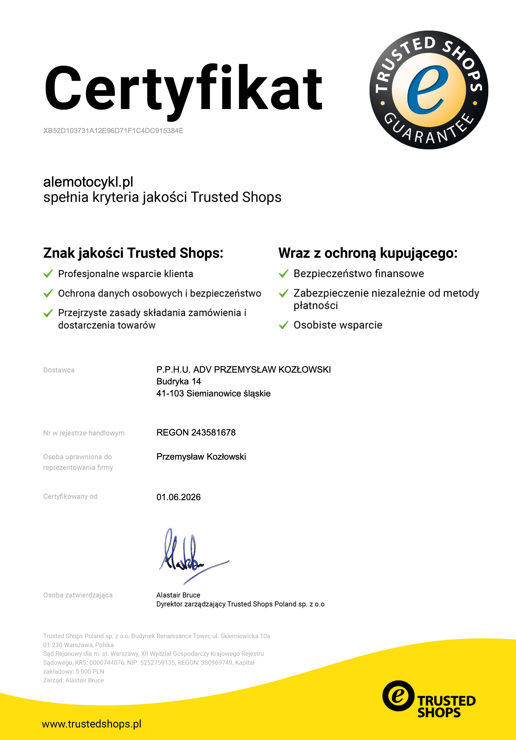 Certyfikat Trusted Shops — alemotocykl.pl